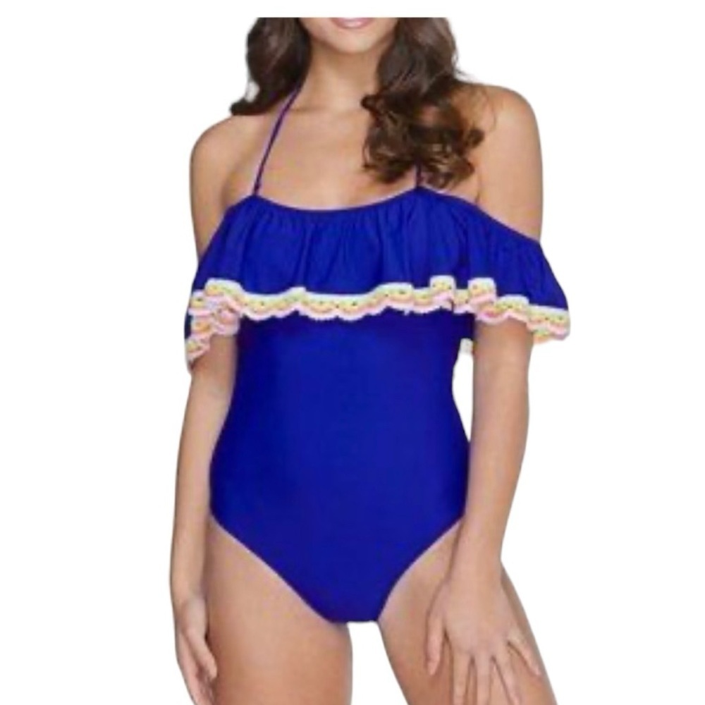 Arizon Jean Company Blue Mexican Style Ruffle Backless One Piece Swimsuit NWT